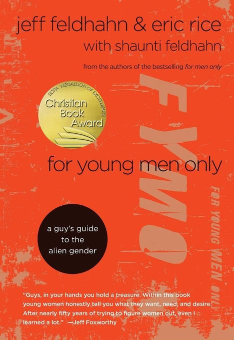 Text: "jeff feldhahn & eric rice", "for young men only", "a guy’s guide to the alien gender". Ein goldfarbenes Medaillon.