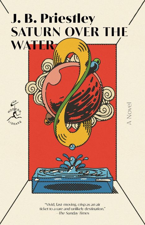 „J. B. Priestley, SATURN OVER THE WATER, A Novel“. Illustration mit einem stilisierten Saturn über einer Wasserfontäne.