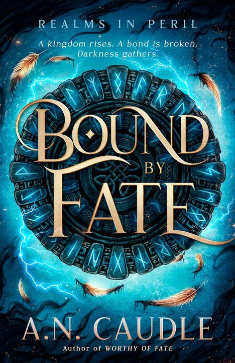 "Bound by Fate" in goldener Schrift über einem magischen, blauen Runenkreis mit Federn und Blitzen umrundet.