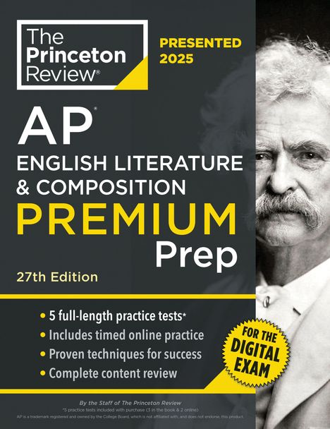 "The Princeton Review AP English Literature & Composition Premium Prep, 27th Edition, Presented 2025." Text neben Porträt eines Mannes.