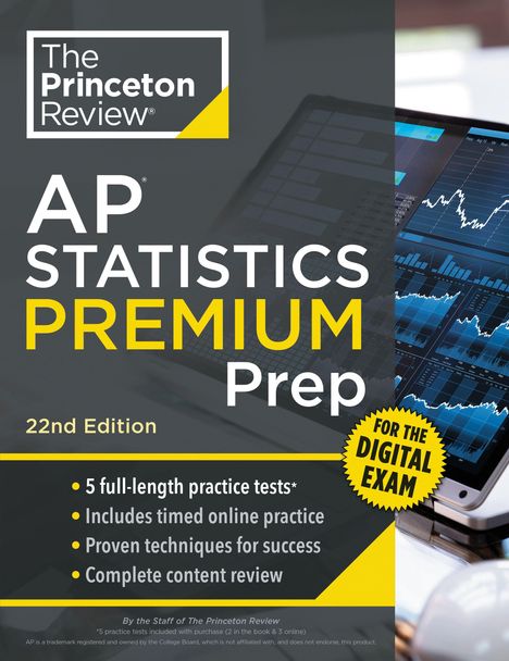 Ein Cover mit Text: "AP Statistics Premium Prep, 22nd Edition". Diagramm auf einem Bildschirm im Hintergrund.