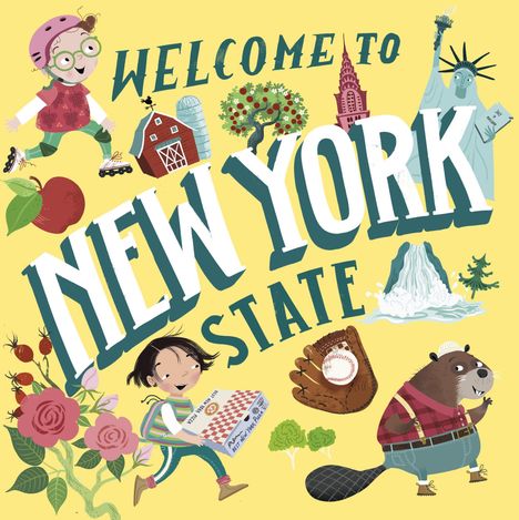 Text: "WELCOME TO NEW YORK STATE". Illustration mit Symbolen von New York: Freiheitsstatue, Baseball-Handschuh, Pizza, Biber.