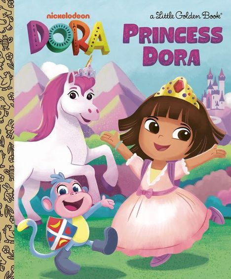 „Princess Dora“. Ein Cartoon-Mädchen in einem rosa Kleid mit Krone, begleitet von einem Affen und einem Einhorn vor einem Schloss.