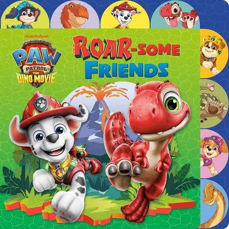 "ROAR-SOME FRIENDS"; Cartoon-Hund mit Helm und Dinosaurier vor Vulkan; bunte runde Charakterbilder im Hintergrund.