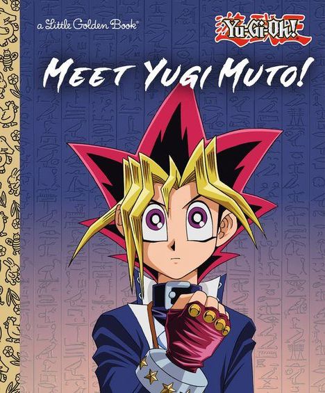 "Meet Yugi Muto!" Yu-Gi-Oh! Yugi, in einer Illustration, trägt ein blaues Outfit, rotes und gelbes Haar und hält ein Puzzle.