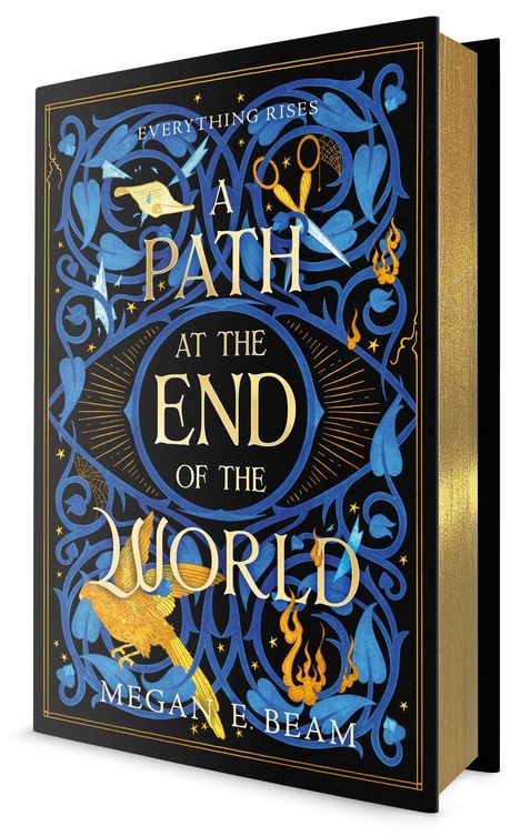 Buchtitel: "A Path at the End of the World" von Megan E. Beam. Verschnörkelte blaue Muster mit goldenen Details, wie eine Illustration.
