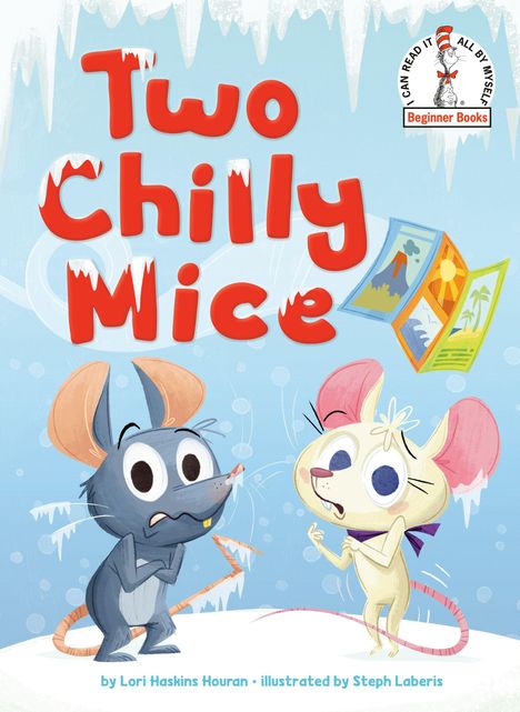 "Two Chilly Mice." Ein hellblauer Hintergrund mit Eis und zwei frierende Mäusen. Sie haben große Augen und zittern.