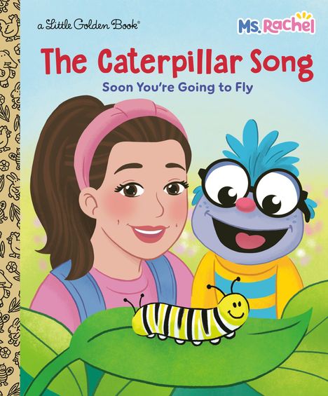„The Caterpillar Song - Soon You’re Going to Fly.“ Zwei freundliche Figuren und eine Raupe auf Blättern in einer Illustration.