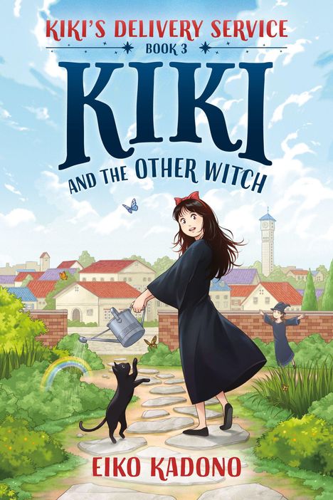 „Kiki’s Delivery Service, Book 3: Kiki and the Other Witch, Eiko Kadono“. Mädchen mit Kanne, Katze, Dorfkulisse.