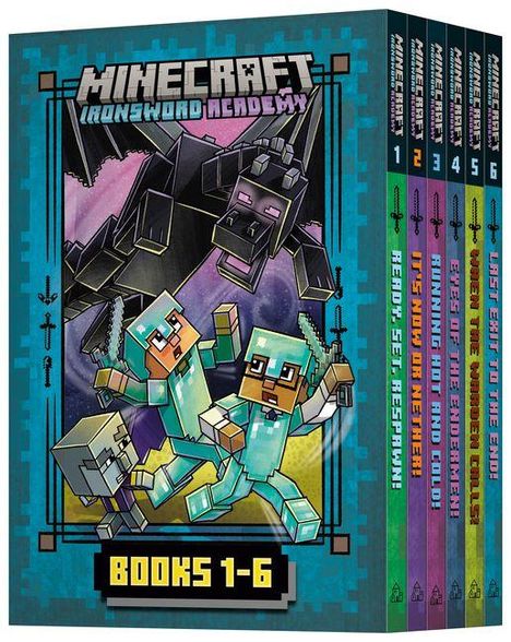 Text: "MINECRAFT IRONSWORD ACADEMY", "BOOKS 1-6". Illustration mit Figuren in Rüstung und einem großen schwarzen Drachen.