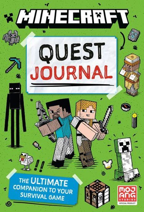 "QUEST JOURNAL" in der Mitte. Darunter zwei blockartige Figuren aus einem Videospiel, umgeben von Spielobjekten.