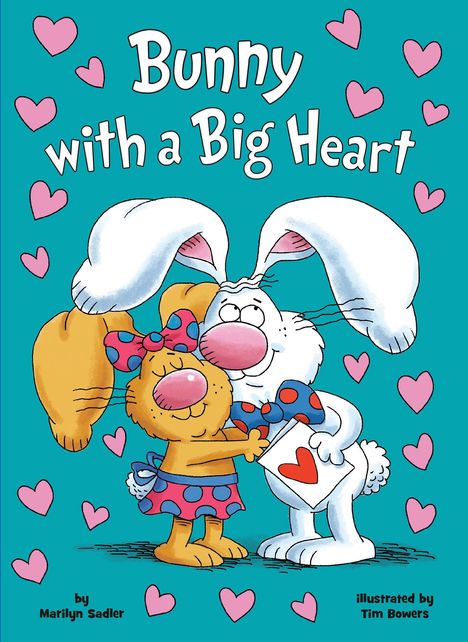 "Bunny with a Big Heart". Ein weißer Hase umarmt eine gelbe Katze. Beide halten einen Brief mit Herz. Herzen als Dekor.