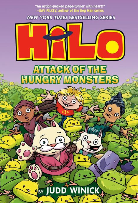 „HiLo: Attack of the Hungry Monsters“ von Judd Winick. Illustrative Figuren in einer Masse gelber, pummeliger Kreaturen.
