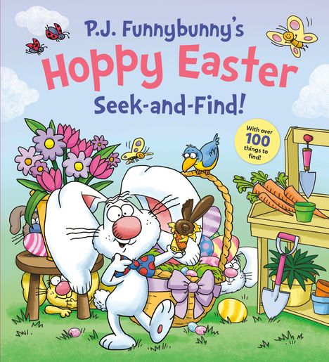 Text: "P.J. Funnybunny's Hoppy Easter Seek-and-Find! With over 100 things to find!" Illustration: Ein Hase mit Schleife hält Schokolade.