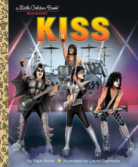 „KISS“ in großen gelben Buchstaben. Illustration: Vier Musiker in auffälligen Kostümen und geschminkten Gesichtern.