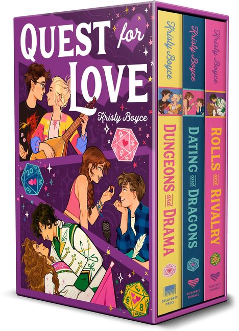 Bücherbox "Quest for Love" von Kristy Boyce. Drei Titel: "Dungeons and Drama," "Dating and Dragons," "Rolls and Rivalry."