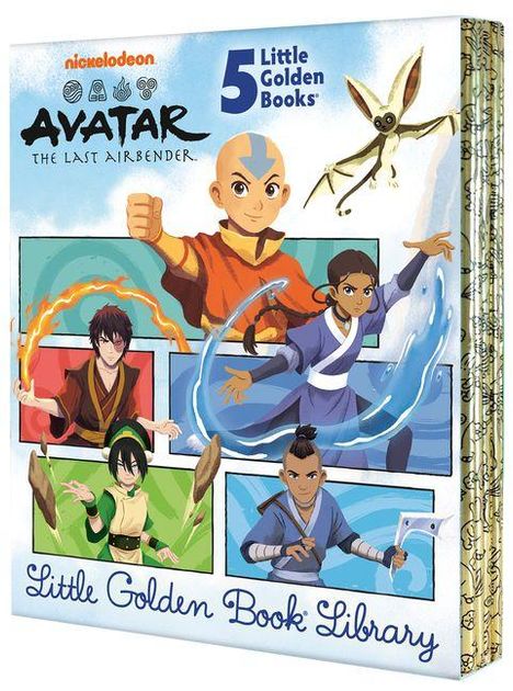 "Avatar: The Last Airbender" oben links, "5 Little Golden Books" oben rechts. Enthält Illustrationen der Hauptcharaktere und eines Tieres.
