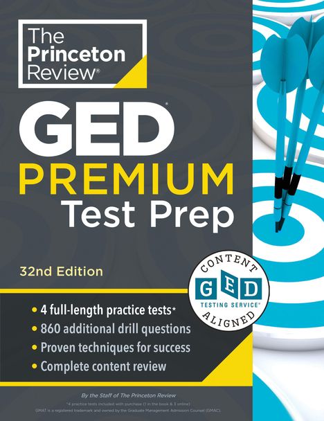 "GED PREMIUM Test Prep, 32nd Edition" in Gelb und Weiß. Rechts blaue Pfeile auf Zielscheibe.