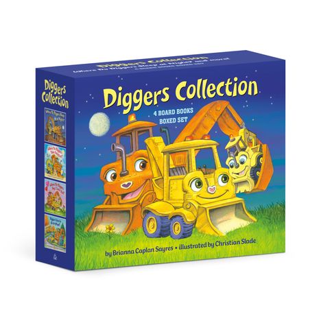 "Diggers Collection, 4 Board Books Boxed Set." Illustration von fröhlichen Baufahrzeugen vor einem nächtlichen Himmel.