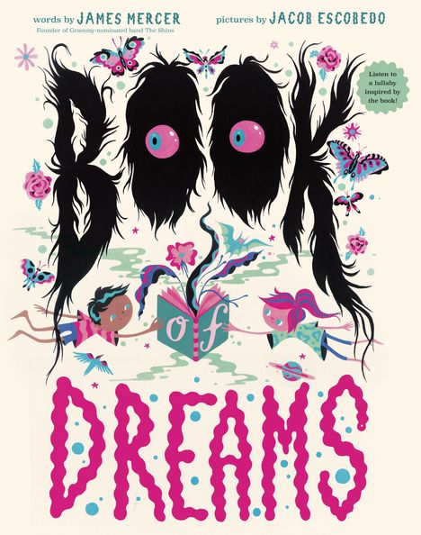 "Book of Dreams" in großen Buchstaben, umgeben von fantasievollen Illustrationen mit Schmetterlingen und fliegenden Kindern.