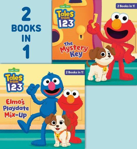2 BOOKS IN 1. The Mystery Key. Elmo's Playdate Mix-Up. Darstellung von Figuren mit Hund und Schlüssel.