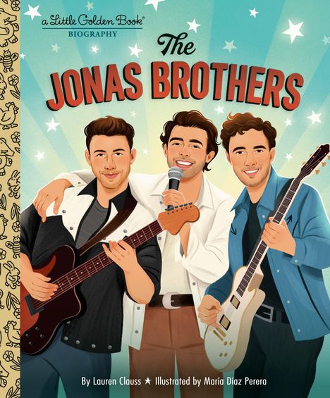 "The Jonas Brothers" in großen Buchstaben. Illustration: Drei Männer mit Gitarren und Mikrofon; fröhliche Gesichtsausdrücke.