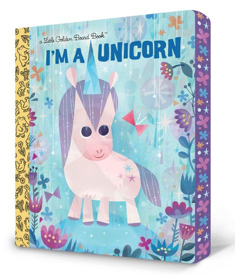 Text: "I'm a Unicorn"  
Illustration eines bunten Einhorns in einer lebendigen Blumenlandschaft.
