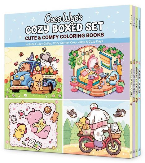 "Coco Wyo's Cozy Boxed Set" oben. Vier niedliche Illustrationen mit Tieren beim Autofahren, Lesen und Motorradausflug.