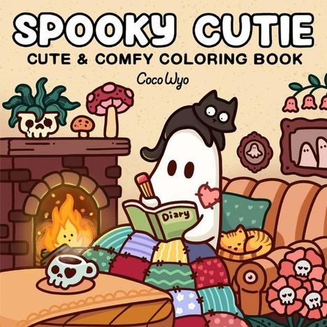 "Spooky Cutie", "Cute & Comfy Coloring Book", "CocoWyo", "Diary". Illustration eines Geists gemütlich am Kamin mit Katze.
