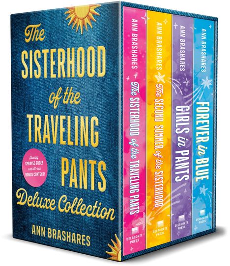 "The Sisterhood of the Traveling Pants Deluxe Collection" von Ann Brashares, vier bunte Buchrücken, Jeanshintergrund.