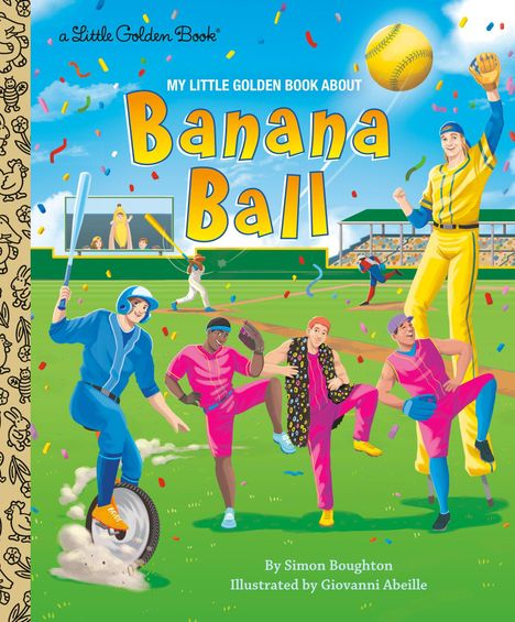 Titel: "Banana Ball". Spieler in bunten Outfits auf einem Baseballfeld werfen Konfetti, einer fährt Einrad.