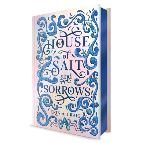 „House of Salt and Sorrows“ von Erin A. Craig. Verschnörkelte blaue Illustrationen mit Meeresmotiven auf dem Cover.