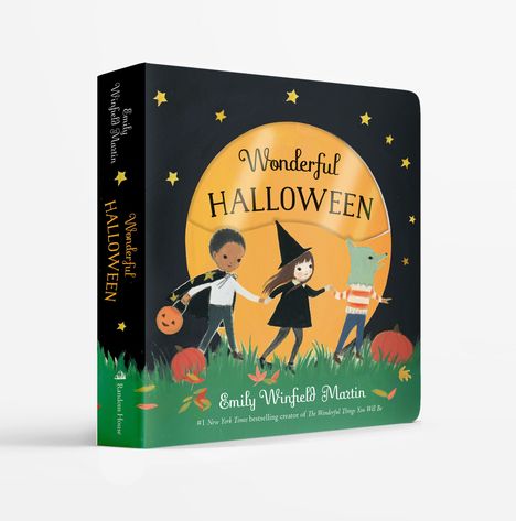 "Wonderful Halloween." Kinder in Verkleidungen, Kürbisse und Sterne vor einem großen gelben Mond. Von Emily Winfield Martin.