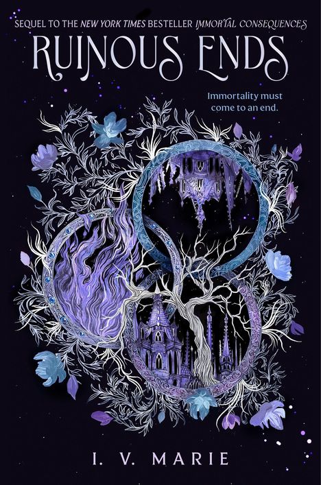 "RUINOUS ENDS", "Immortality must come to an end", "I. V. MARIE". Illustration von verzierten Kreisen mit Schloss und Flammen.