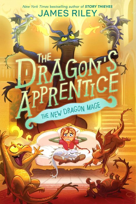 "The Dragon's Apprentice", "The New Dragon Mage", James Riley. Kind in rotem Shirt auf Bett mit Drachen umgeben. Farbenfroh, fantasievoll.