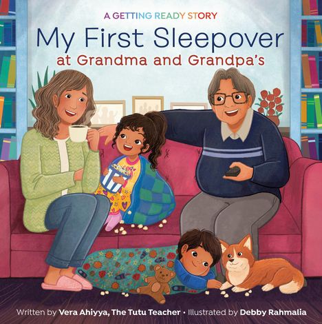 „My First Sleepover at Grandma and Grandpa’s“. Illustration: Familie auf Sofa, Kind mit Decke, Oma, Opa, Hund.