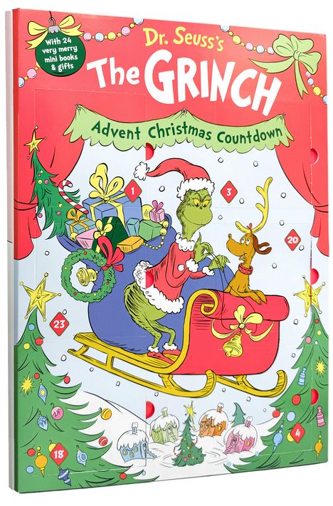 "Dr. Seuss's The Grinch Advent Christmas Countdown" auf farbenfroher Illustration mit dem Grinch und Hund auf einem Schlitten.