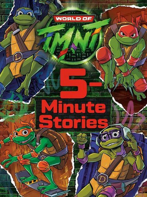 Text: "WORLD OF TMNT 5-Minute Stories." Illustration von vier grünen Schildkröten in farbigen Bandanas auf einer Backsteinmauer.