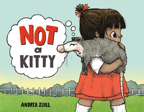 „NOT a KITTY“. Mädchen hält Opossum, denkt nach. Wiese, Zaun im Hintergrund. Autor: Andrea Zuill.
