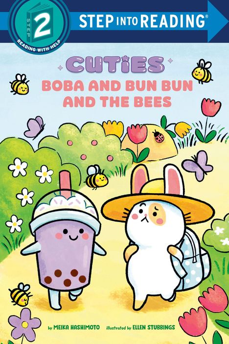 Text: "CUTIES BOBA AND BUN BUN AND THE BEES". Illustration von Boba und Bun Bun in einem Garten mit Blumen und Bienen.