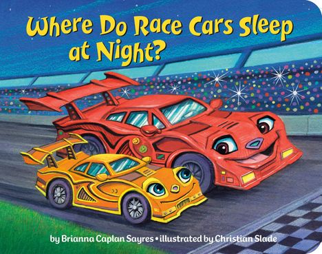 "Where Do Race Cars Sleep at Night?" steht oben. Ein rotes und ein gelbes Rennauto auf einer Rennstrecke lächeln.
