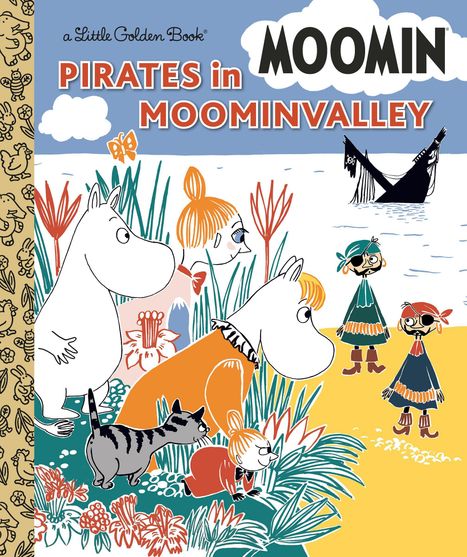 Buchtitel: Pirates in Moominvalley. Illustration von Moomin-Figuren am Strand mit Pflanzen, einem Kätzchen und Piraten.