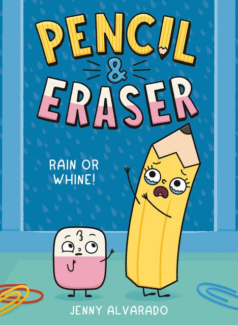 "Pencil & Eraser" und "Rain or Whine!" in kindlicher Schrift. Illustration mit einem animierten Bleistift und Radiergummi.