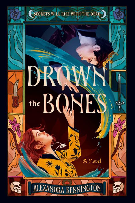 „Drown the Bones“ ist ein Roman von Alexandra Kennington. Bunte Illustration mit zwei Figuren im Wasser.