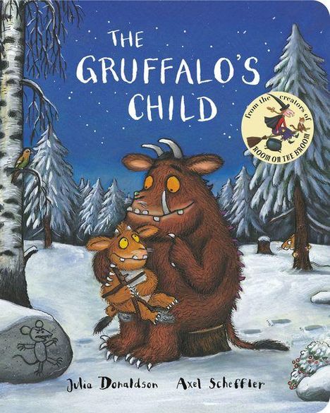 "The Gruffalo's Child", Logo mit Hexe auf Besen, Winterlandschaft mit zwei pelzigen Wesen, Bäume, Schnee, Schneemann.