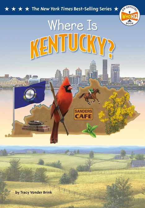 "Where Is Kentucky?" steht in großen Buchstaben vor Louisville Skyline. Prunkvogel, Pferd, Flagge und Landschaft sind sichtbar.