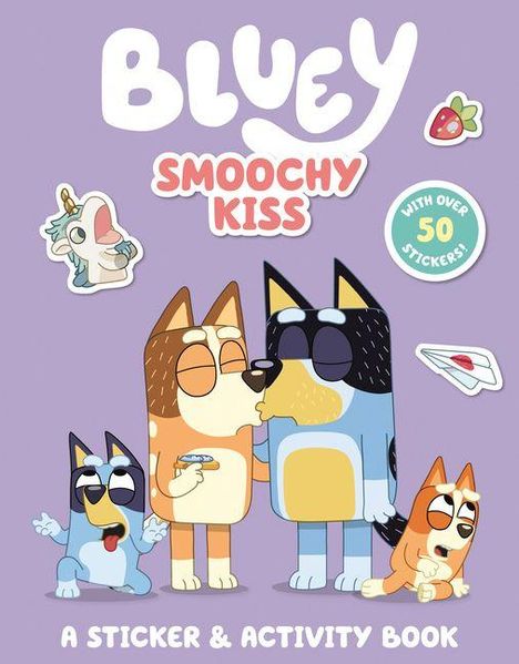 Titel: BLUEY SMOOCHY KISS. Stickerbuch mit über 50 Aufklebern. Illustration von vier cartoonhaften Hunden.