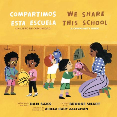 Text: "COMPARTIMOS ESTA ESCUELA" und "WE SHARE THIS SCHOOL". Illustration von Kindern und einer Frau in Umkleideraum.