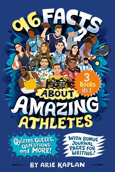 "96 Facts About Amazing Athletes" zeigt Sportler-Illustrationen. "3 Books in 1" und "Quizzes, Quotes, Questions, and More!"