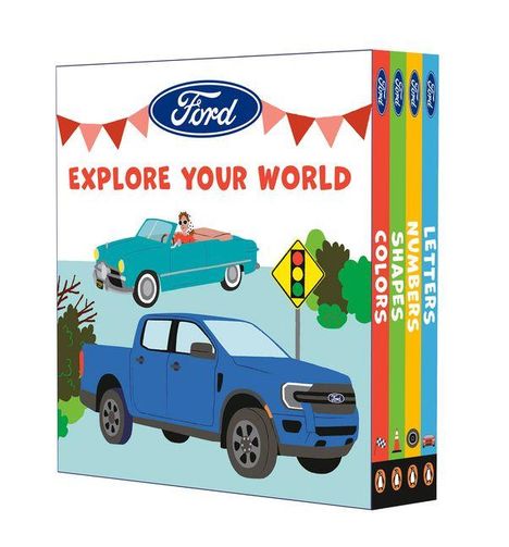 „Explore Your World“ mit Ford-Logo. Illustrationen von einem blauen Truck, einem grünen Cabrio und einem Verkehrsschild.